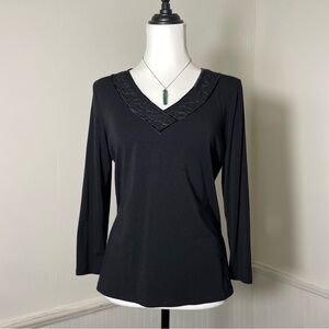 J. Jill - Vintage Black Floral Velvet Detail V Neck Long Sleeve Top